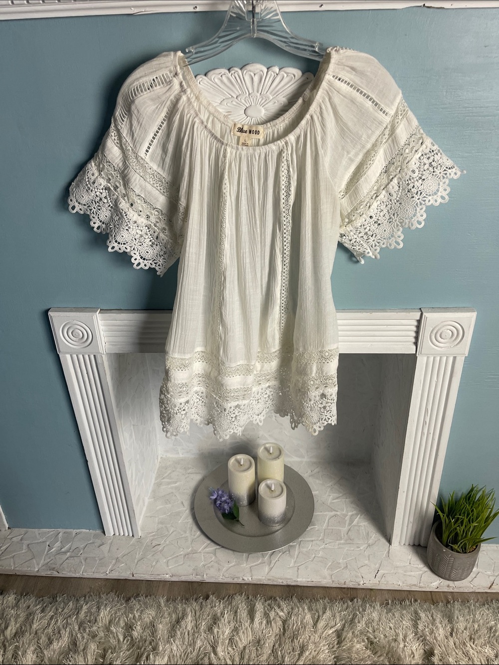 Blue Mood Cream Crochet-Trim Boho Peasant Top